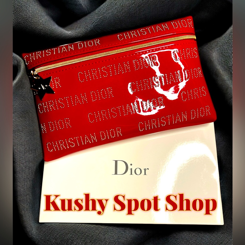 NEW NIB Christian Dior™️ ⭐️♥️💄 Cherry Red Gold Studded Logo Patent Leather Pouch